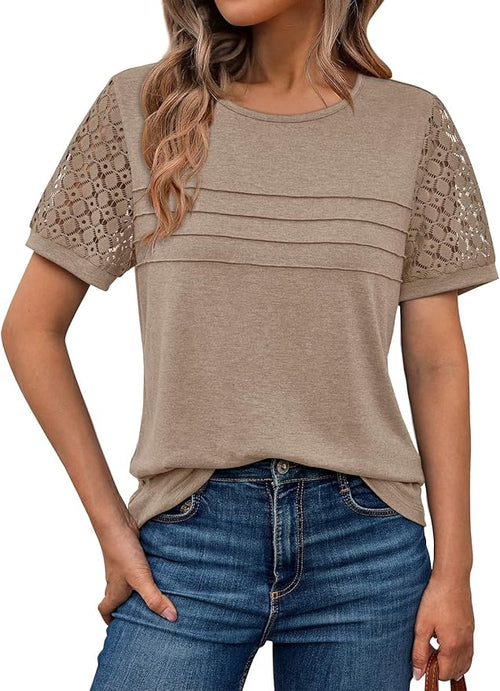Women's Short Sleeve Shirts Dressy Lace Summer Tops 2025 Spring Trendy Casual T-Shirts Cute Work Outfits Blouses